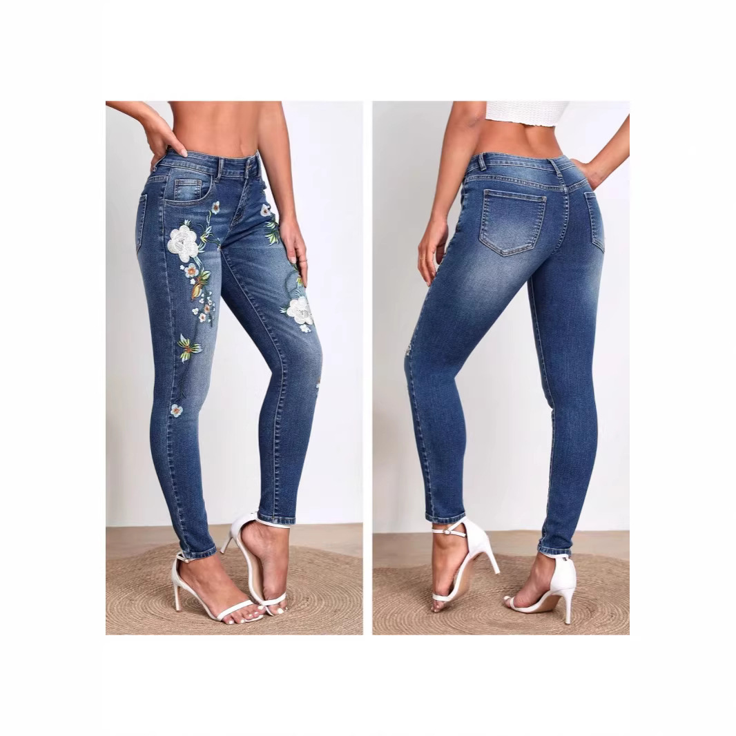 Womens Versatile Flower-Pattern Embroidered Skinny Jeans - Image 6