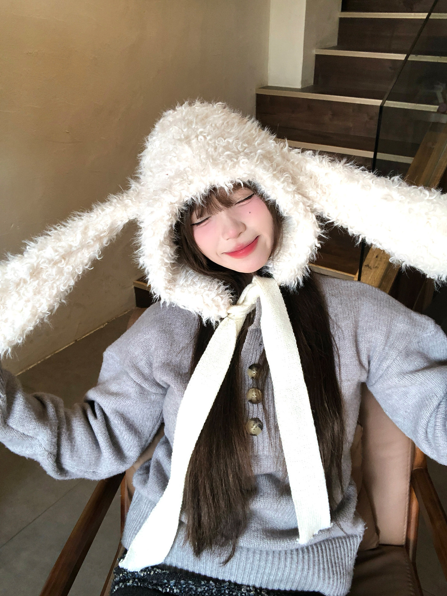 Korean-style Sweet And Cute White Plush Hat With Bunny Ears - Image 2