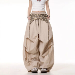 Womens Relaxed Casual American-style Layered Design Cargo Pants With Tie Details