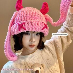 Japanese-style Sweet Dopamine Little Devil Knitted Hat For Women