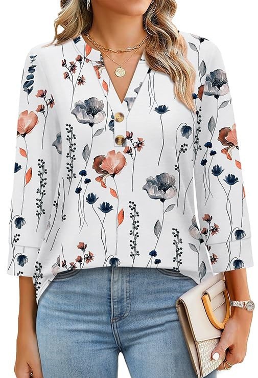 Womens Plus-Size Loose V-Neck Buttoned Three-Quarter Sleeve T-Shirt - Image 3