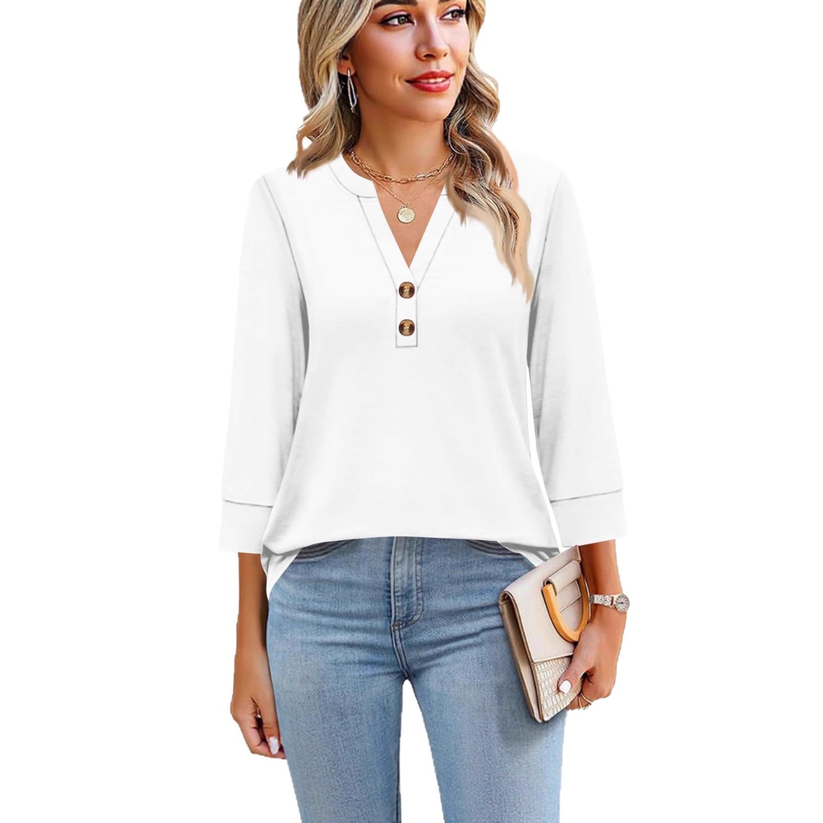 Womens Plus-Size Loose V-Neck Buttoned Three-Quarter Sleeve T-Shirt - Image 9