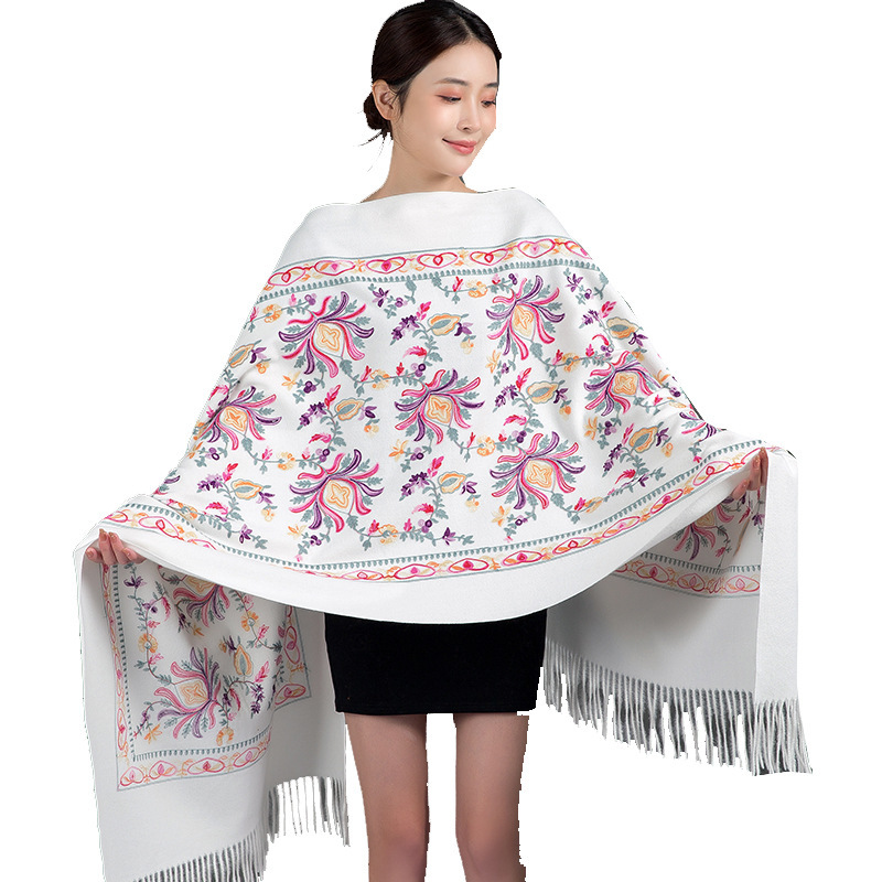Thickened Tibetan-Nepalese Embroidered Cashmere-Style Scarf For Winter - Image 9