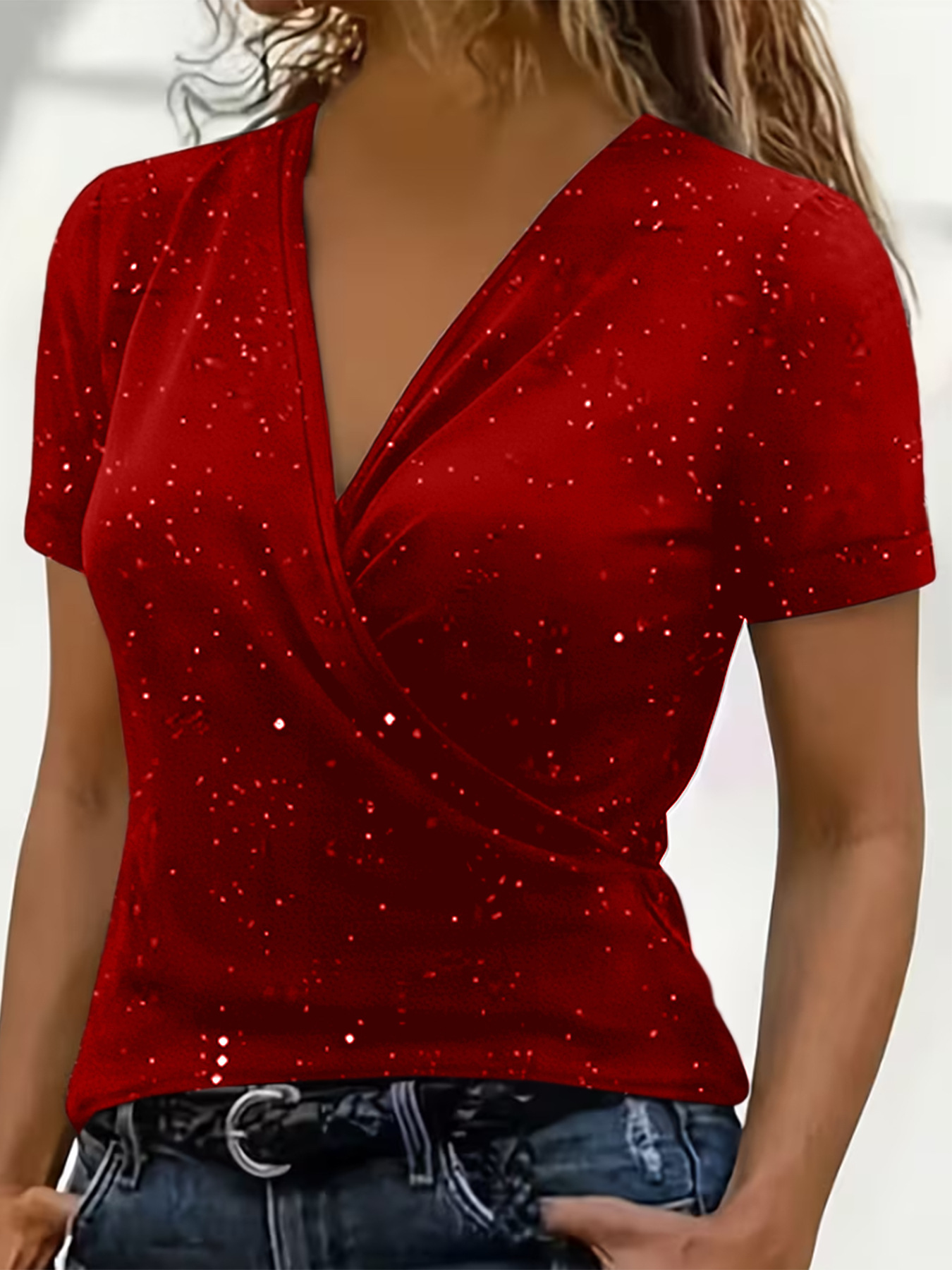 Cross-collar Short-sleeve Loose-fit V-neck Stylish Casual - Image 8