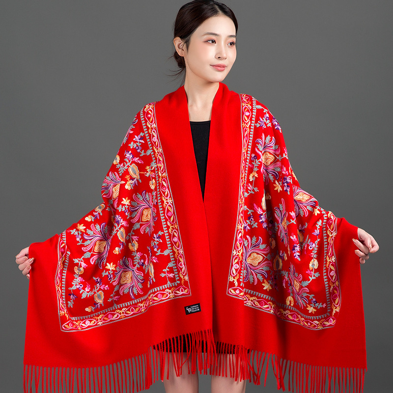 Thickened Tibetan-Nepalese Embroidered Cashmere-Style Scarf For Winter - Image 2