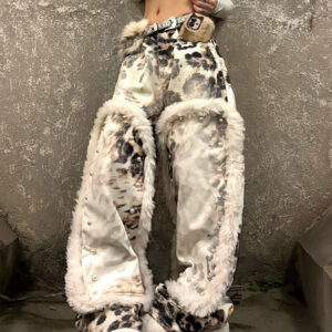Womens American-Style Retro Leopard-Print Plush-Patchwork Denim Jeans