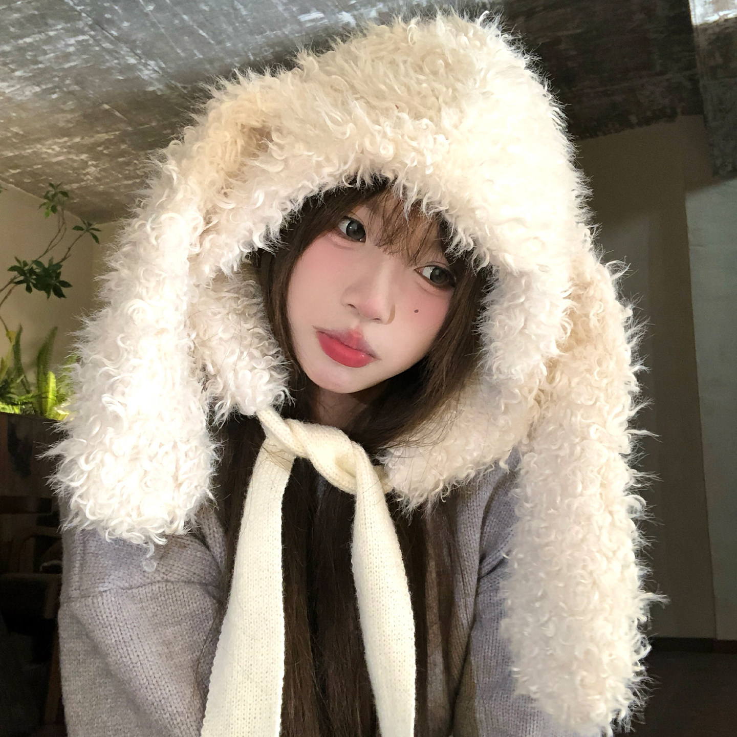 Korean-style Sweet And Cute White Plush Hat With Bunny Ears