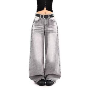 Embroidered High Waist Wide Leg Denim Jeans For Women Vintage Straight Leg Pants
