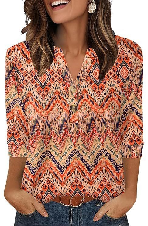 Womens Plus-Size Loose V-Neck Buttoned Three-Quarter Sleeve T-Shirt - Image 10