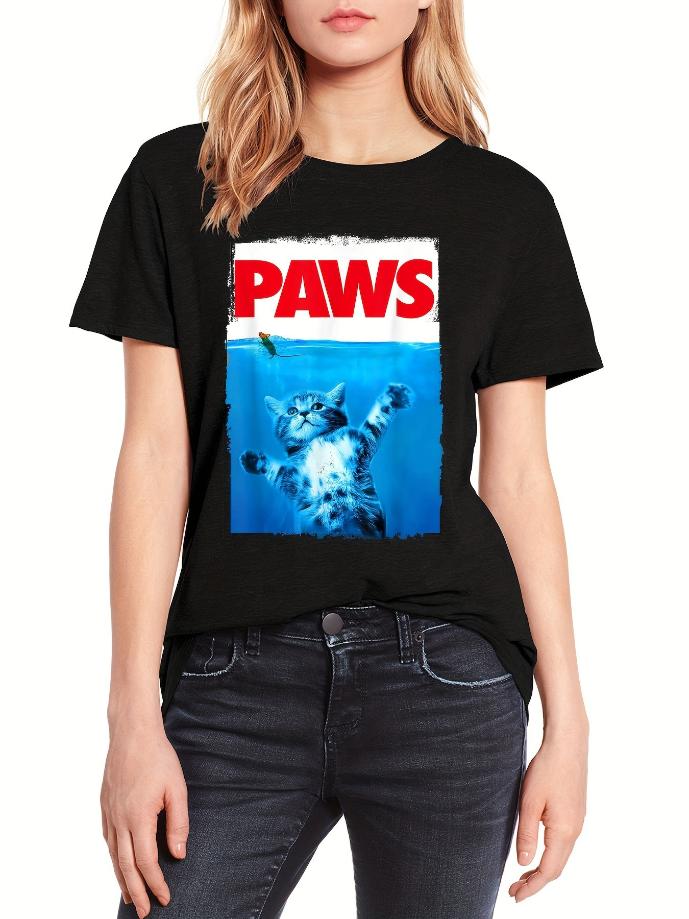 Cat-print Crew-neck T-shirt Casual Short-sleeve Top For Spring - Image 4