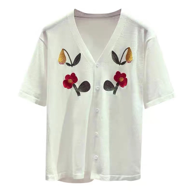 Womens Fashion Floral Plus-Size Knitted Short-Sleeve Top - Image 2