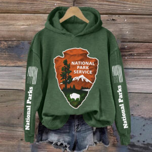 Womens Hooded Sweatshirt With A Forest And Mountain Peaks Design