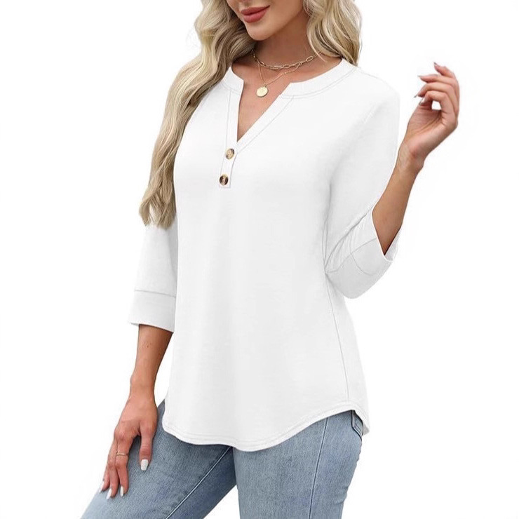 Womens Plus-Size Loose V-Neck Buttoned Three-Quarter Sleeve T-Shirt - Image 5