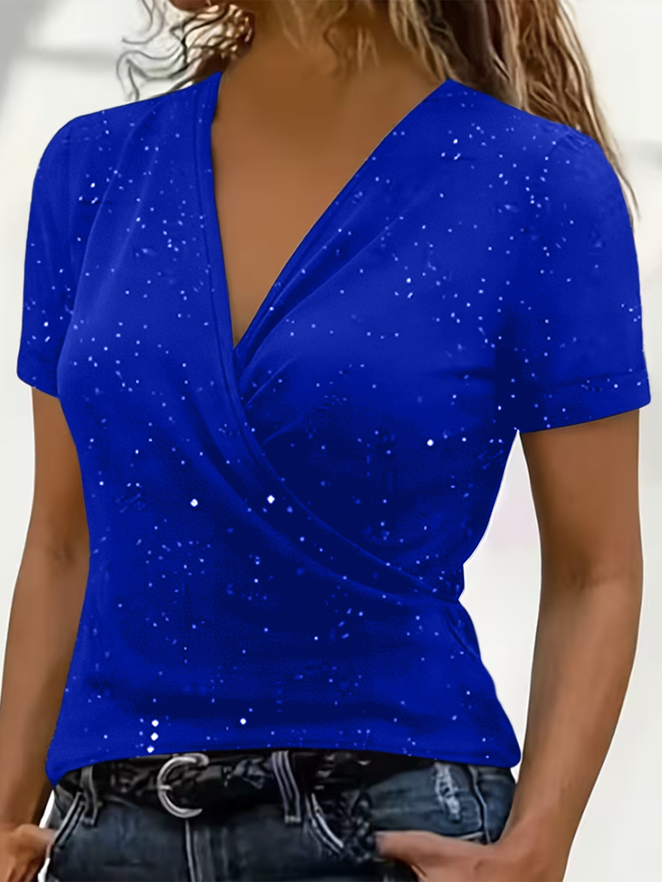 Cross-collar Short-sleeve Loose-fit V-neck Stylish Casual - Image 7