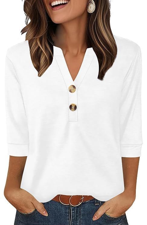 Womens Plus-Size Loose V-Neck Buttoned Three-Quarter Sleeve T-Shirt - Image 7