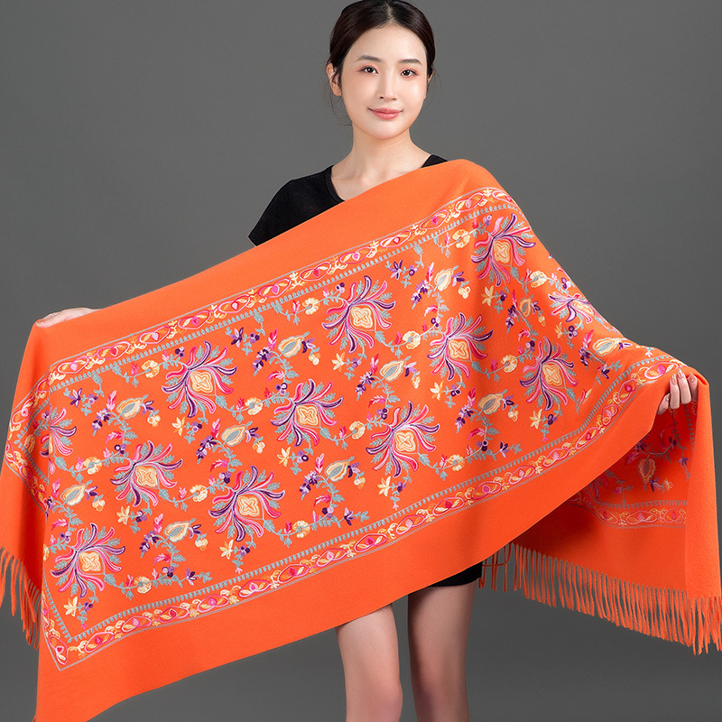 Thickened Tibetan-Nepalese Embroidered Cashmere-Style Scarf For Winter - Image 3
