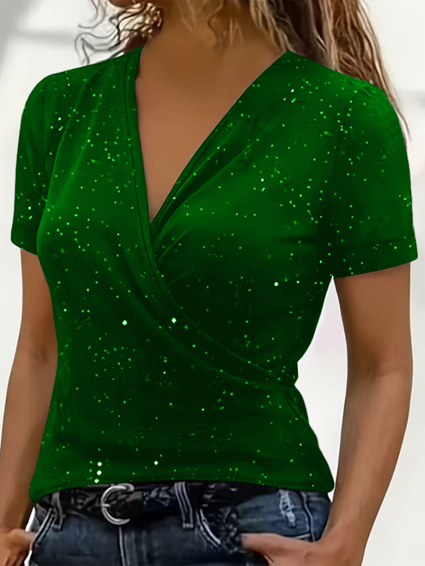 Cross-collar Short-sleeve Loose-fit V-neck Stylish Casual - Image 3