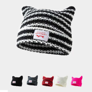 Handmade Knitted Striped Hat With Cute Cat Earscasual And Warm
