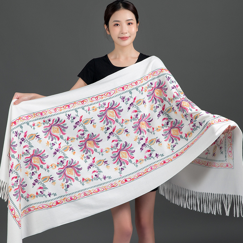 Thickened Tibetan-Nepalese Embroidered Cashmere-Style Scarf For Winter - Image 7