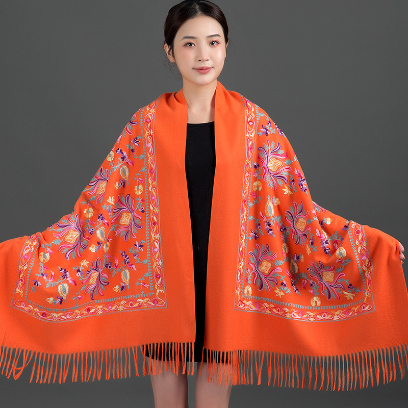 Thickened Tibetan-Nepalese Embroidered Cashmere-Style Scarf For Winter - Image 5