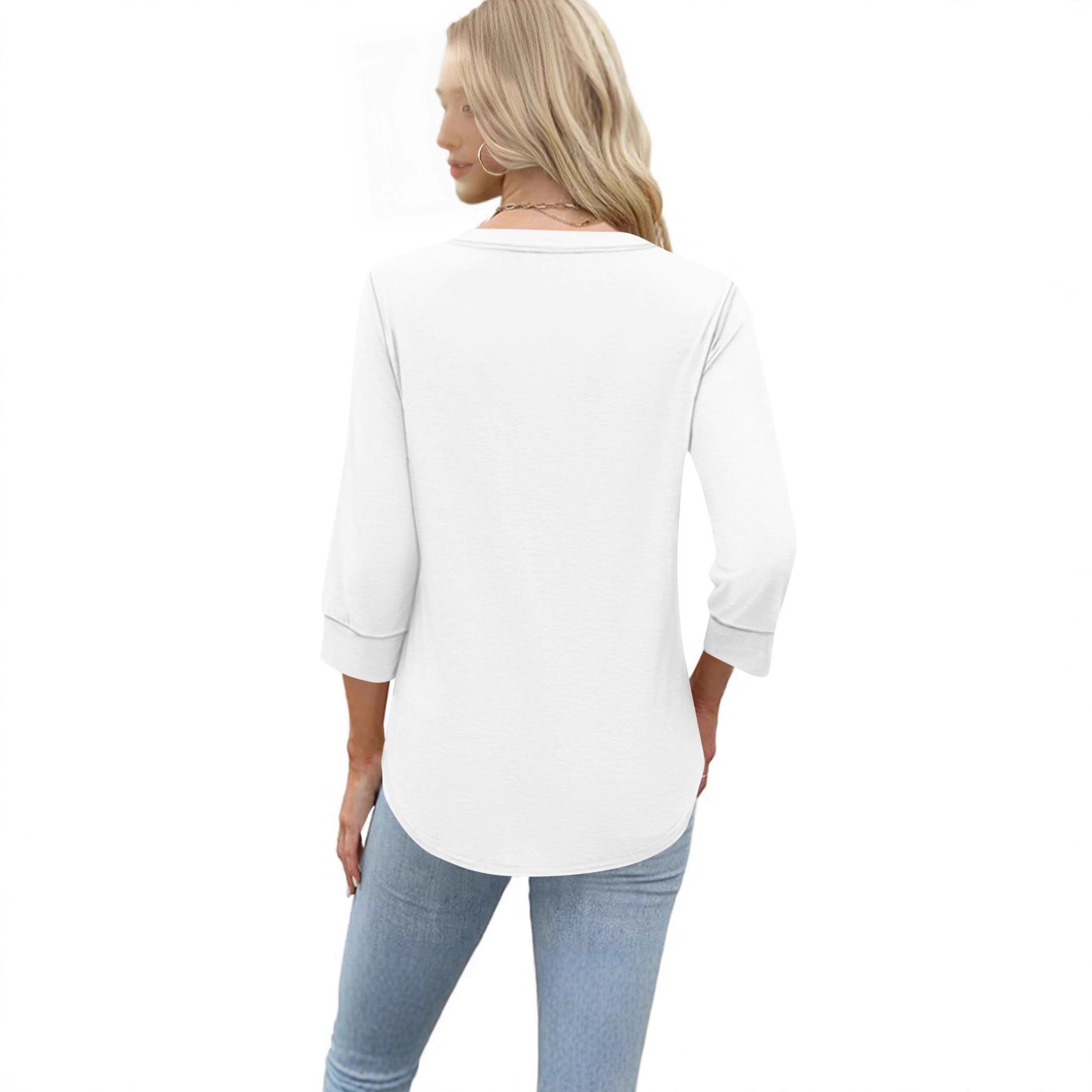 Womens Plus-Size Loose V-Neck Buttoned Three-Quarter Sleeve T-Shirt - Image 6