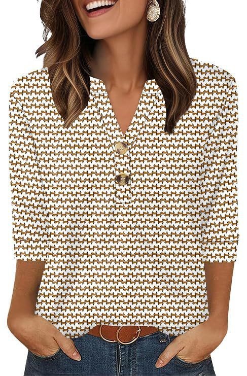 Womens Plus-Size Loose V-Neck Buttoned Three-Quarter Sleeve T-Shirt - Image 2