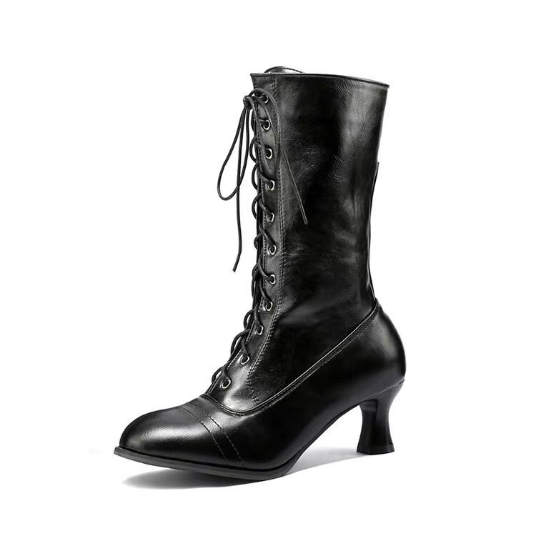 Cross-front Lace-up Low-heeled Womens Mid-calf Boots - Image 4