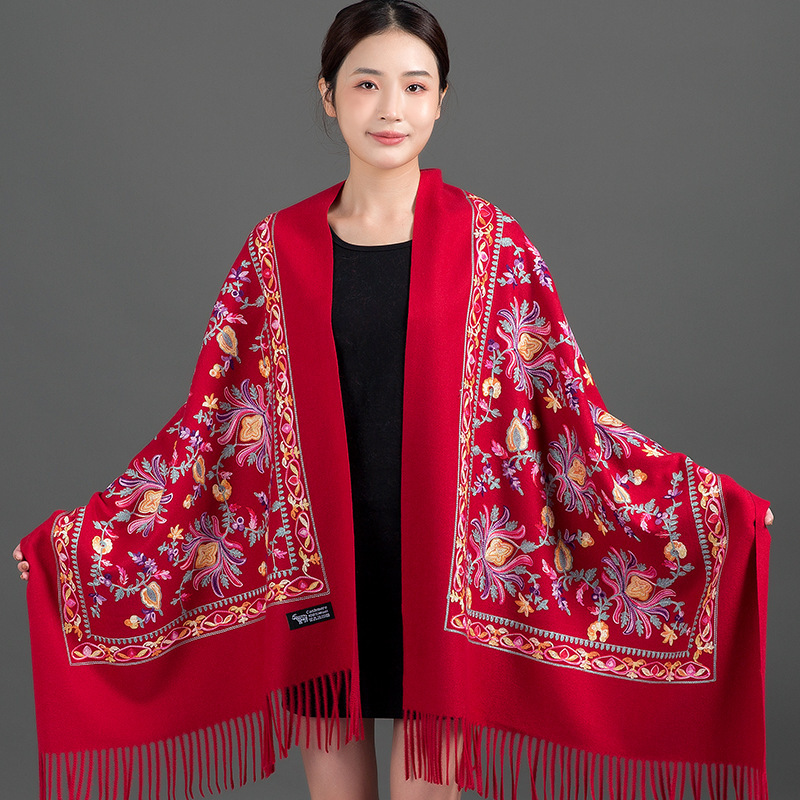 Thickened Tibetan-Nepalese Embroidered Cashmere-Style Scarf For Winter - Image 8